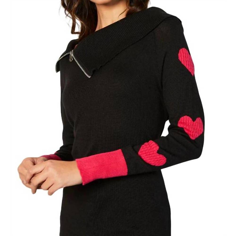 NEW FRENCH KYSS zip ribbed cowl neck with heart detail in black/rose